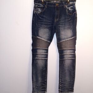 Men's Dark Blue Skinny Jeans with Ribbed Detail